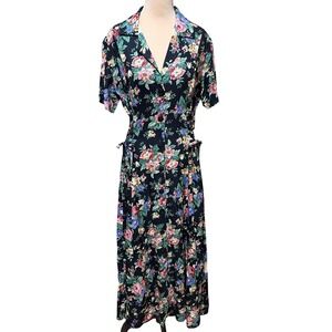Vintage Black Floral Button Front Midi Shirt Dress Size 6 Modest Country Cottage